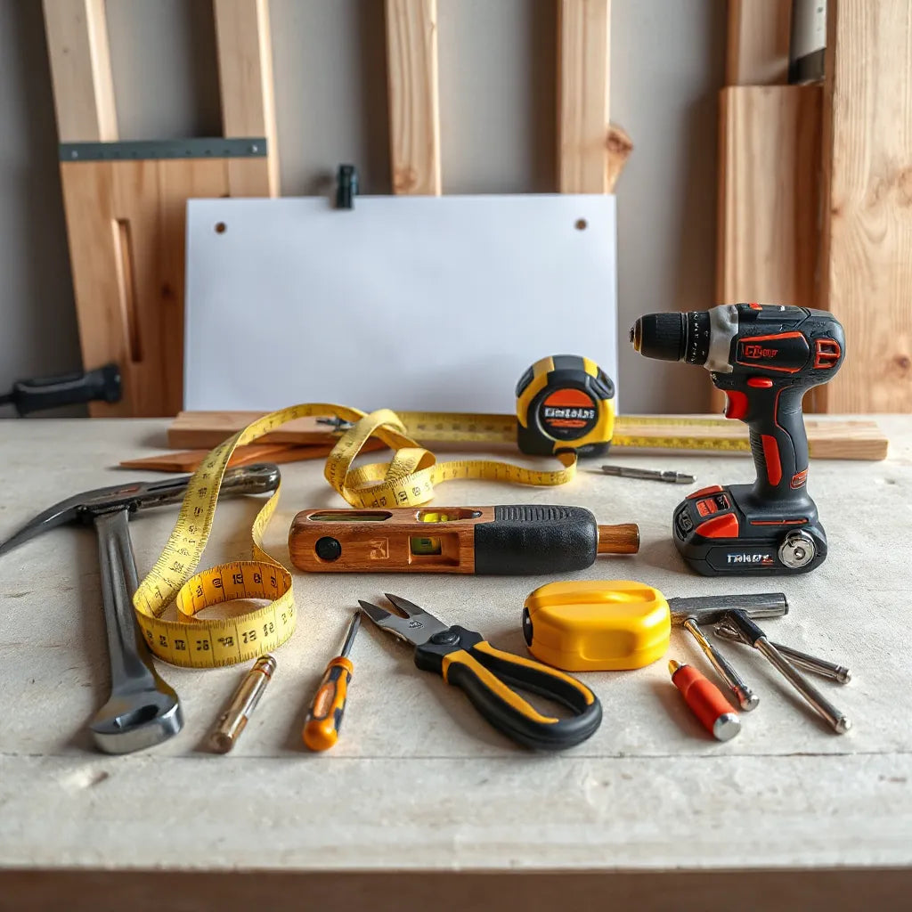 Assorted contractor hand tools neatly arranged on a workbench with framing materials in the background