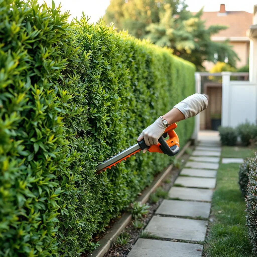 Garden hedge being trimmed with a hedge trimmer, showing neat cut lines and green foliage.