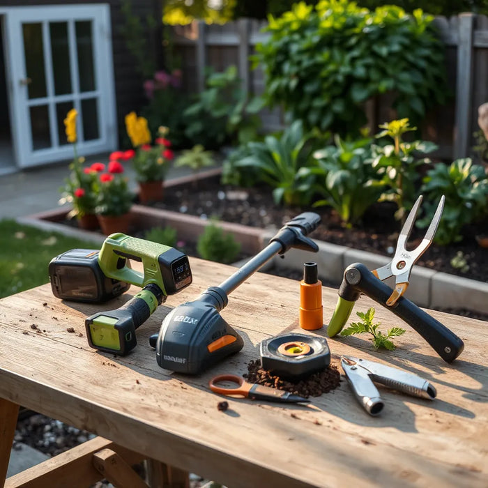 Ergonomic cordless garden tools arranged near a tidy backyard with plants and soil
