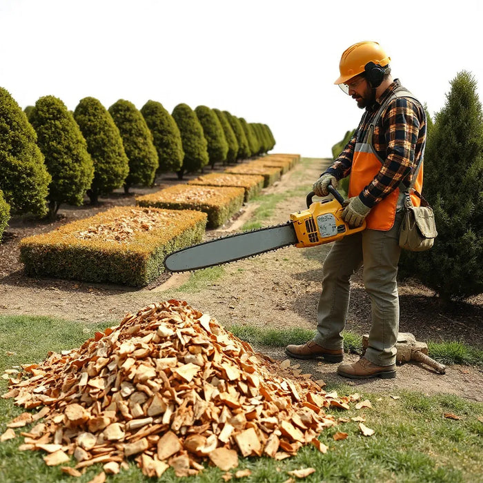 Professional landscaper using a chainsaw with protective gear while cutting near trimmed hedges