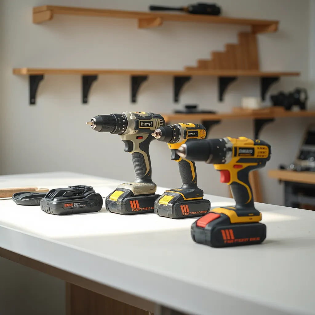 Light cordless drill and compact battery pack on a clean workbench with soft natural lighting