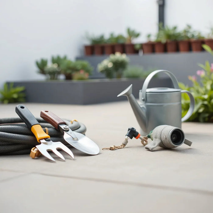 Durable gardening tools arranged on a patio with metal pruners, trowel, hose, gloves, and watering can