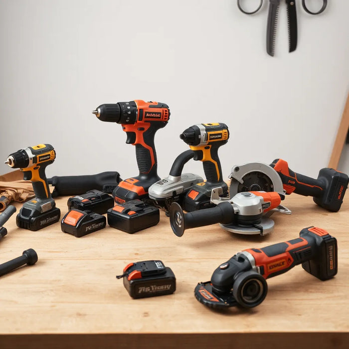 Cordless pro power tools and battery packs on a clean workbench in bright workshop lighting
