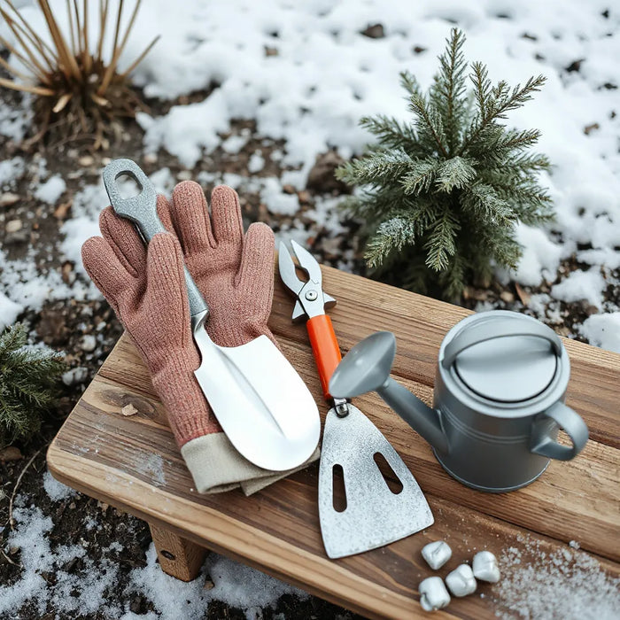Winter gardening tools laid out on a bench beside frost-covered soil and dormant plants