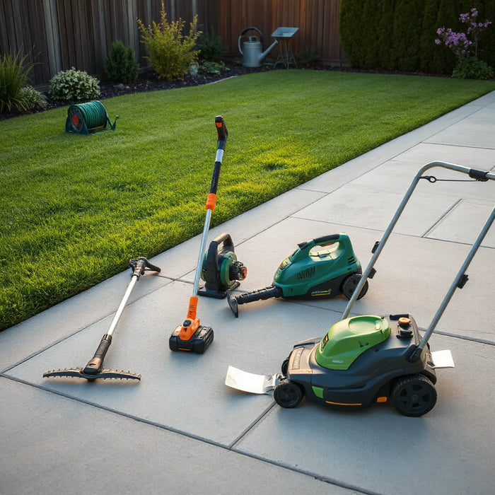 Cordless trimmer, hedge trimmer, leaf blower, and mower arranged beside a tidy lawn.