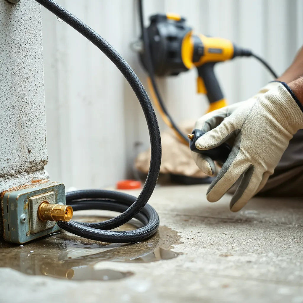 Water resistant power cord with connector inspected near a wet outdoor outlet