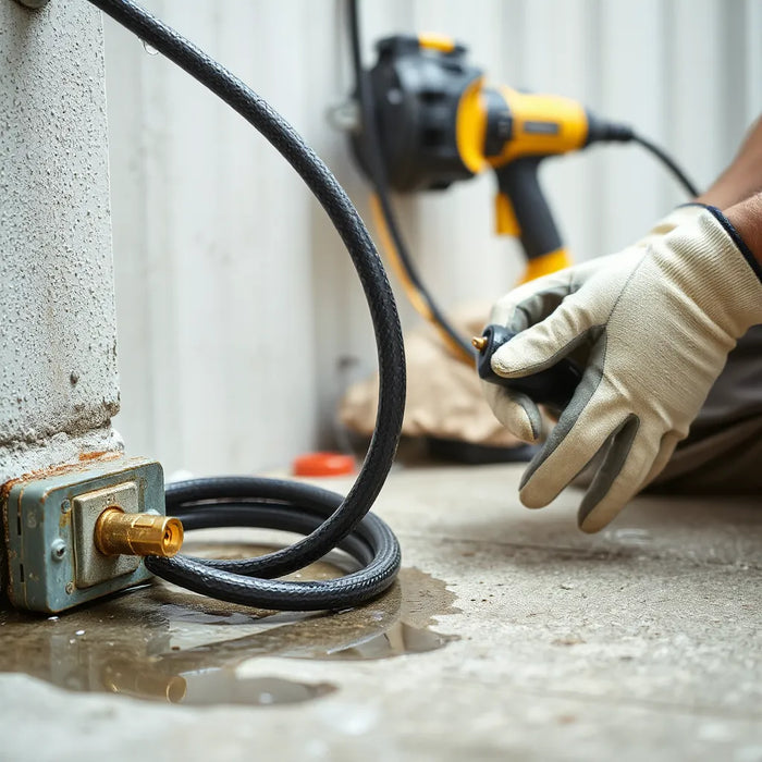 Water resistant power cord with connector inspected near a wet outdoor outlet