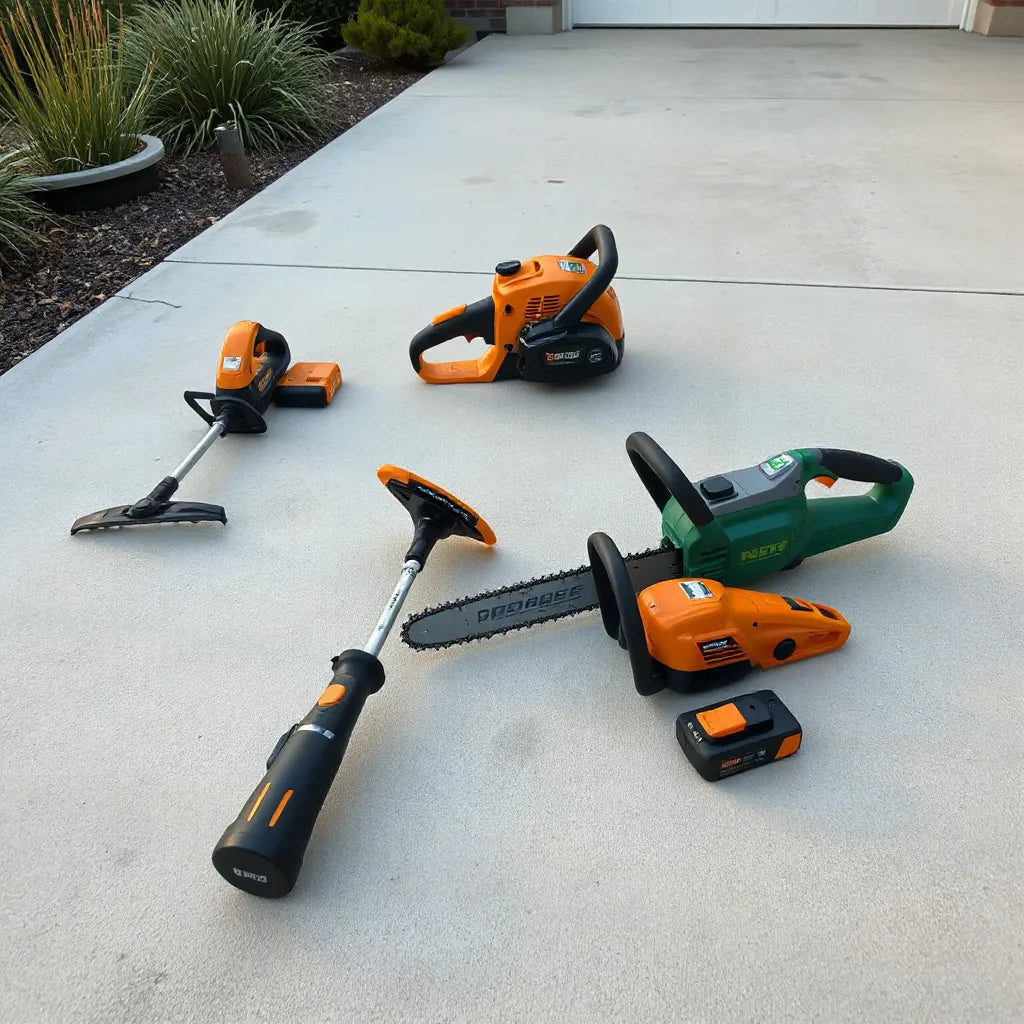 Cordless hedge trimmer, leaf blower, chainsaw, and grass trimmer arranged for yard maintenance