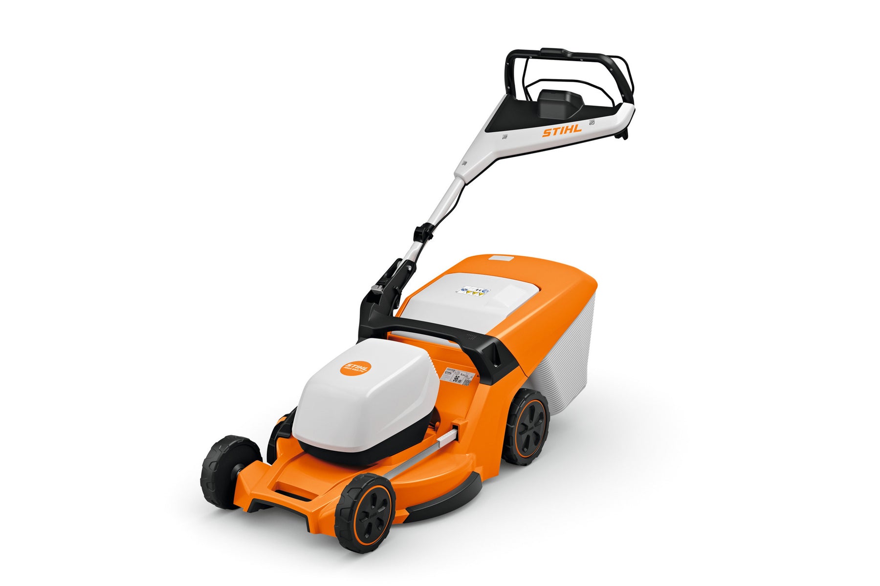 STIHL RMA 453 PV cordless lawn mower with grass catcher, orange and white