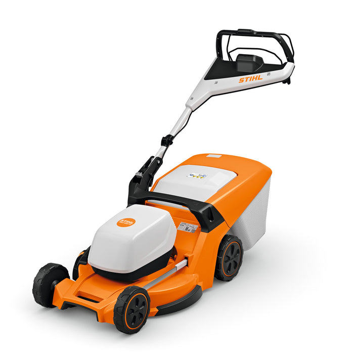 STIHL RMA 453 PV cordless lawn mower with grass catcher, orange and white