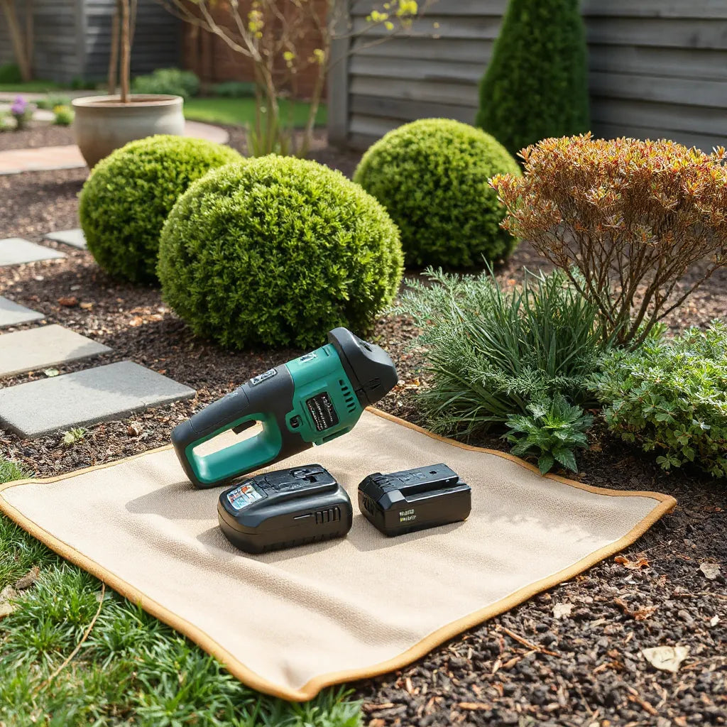Cordless battery garden power tool with battery pack and charger beside trimmed shrubs