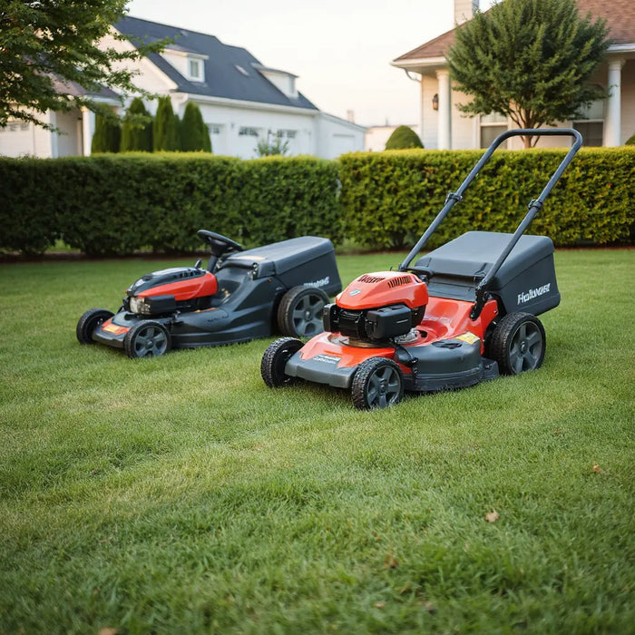 High performance lawn mower cutting deck on a neatly maintained yard