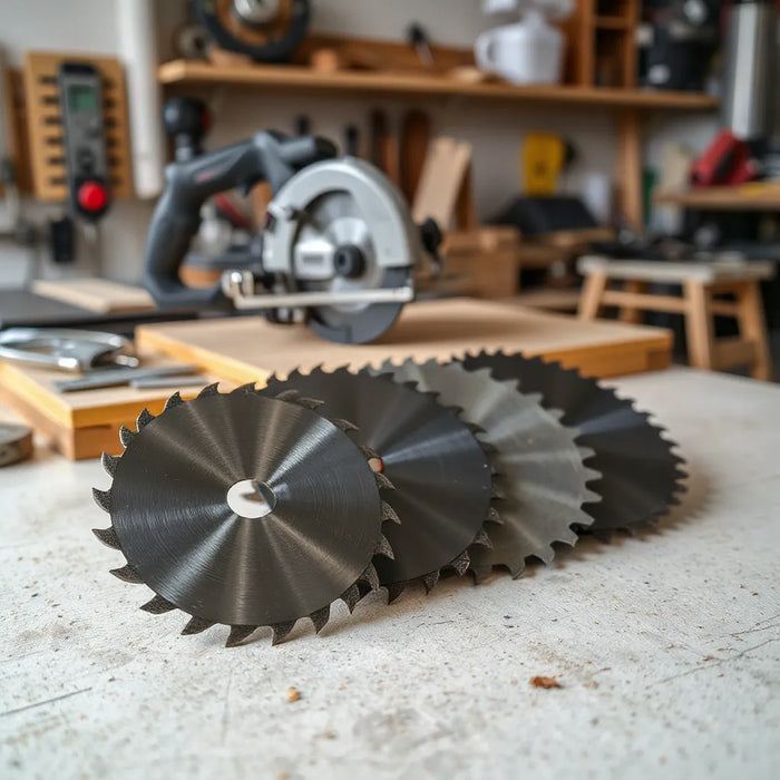 High-performance saw blades with visible carbide teeth on a workshop workbench