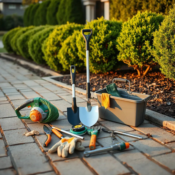 Neatly arranged professional landscaping tools beside trimmed hedges and mulch in a garden bed
