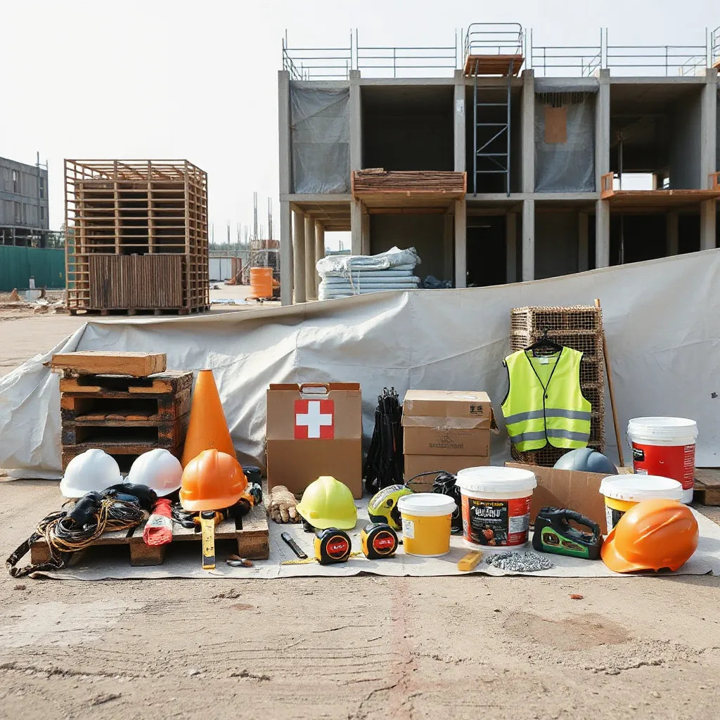 Organized safety gear and essential tools laid out for a construction jobsite