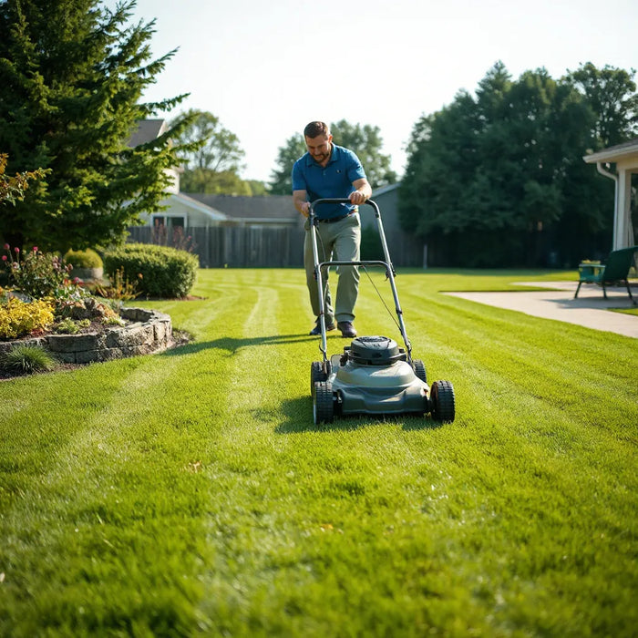 Modern lawn mower cutting neatly striped green grass on a residential lawn