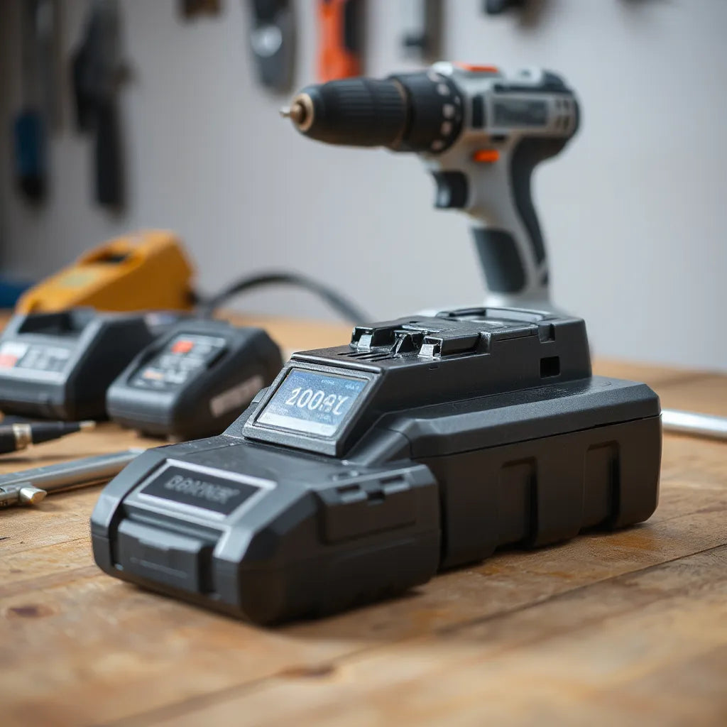 Cordless power tool batteries and charger on a clean workbench for jobsite-ready swapping
