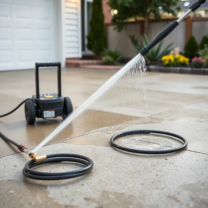 Pressure washer spraying water to clean a concrete patio driveway