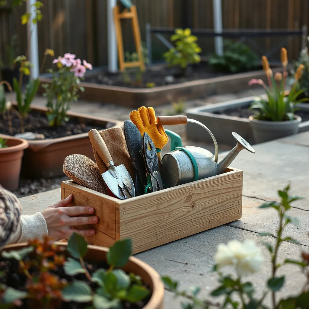 Ergonomic hand tools and gloves organized beside raised garden beds for a calmer gardening routine