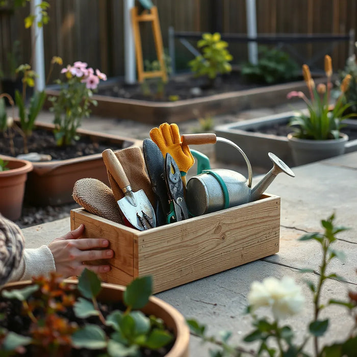 Ergonomic hand tools and gloves organized beside raised garden beds for a calmer gardening routine