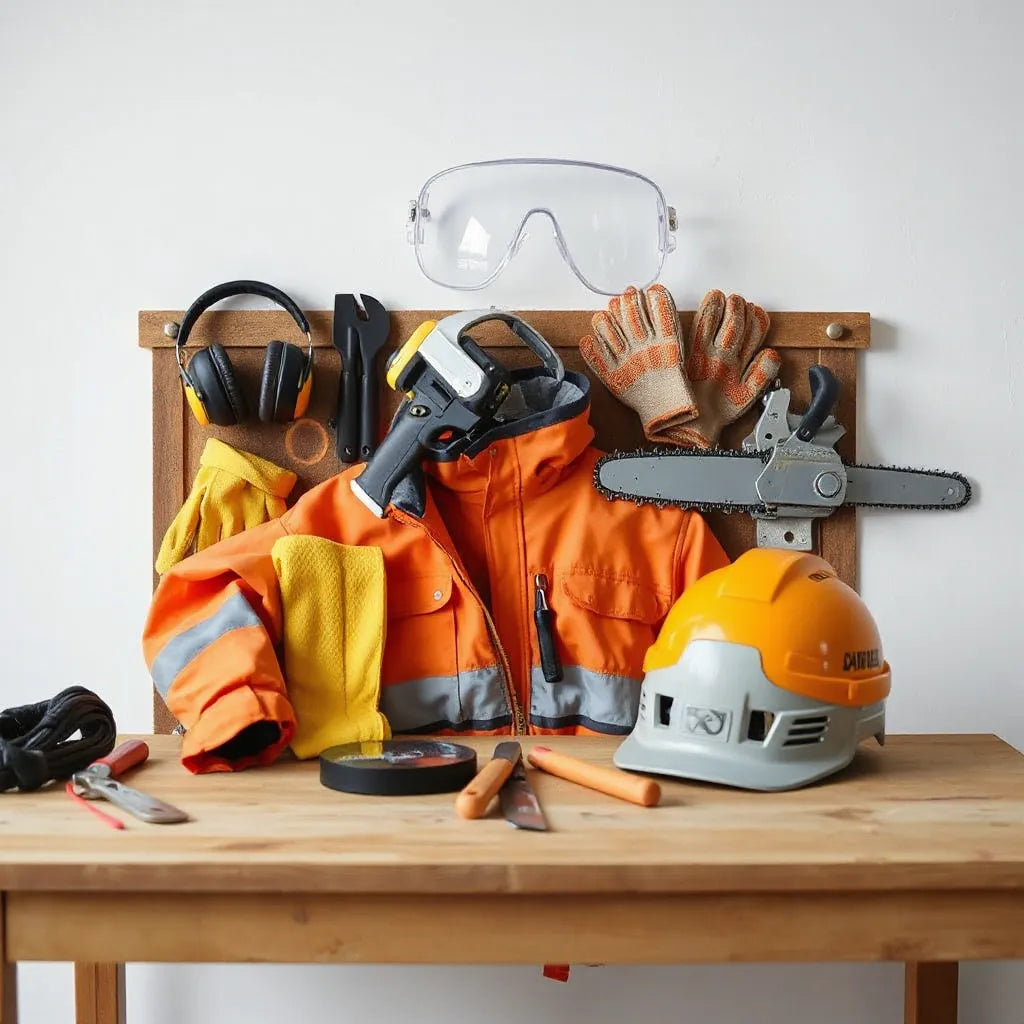 Assorted protective outdoor gear including safety glasses, gloves, ear protection, and helmet arranged neatly