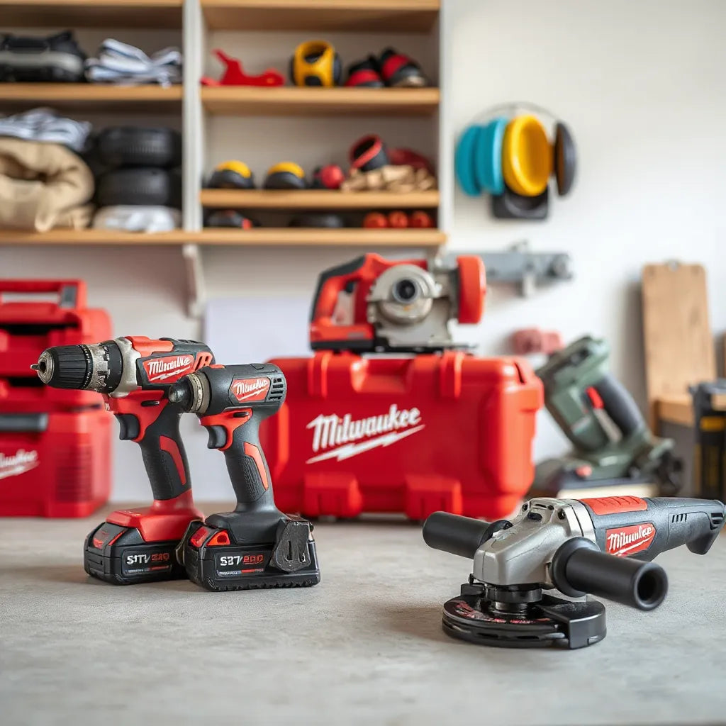 Cordless drill, impact driver, circular saw, and angle grinder arranged on a workshop bench with safety gear in the background