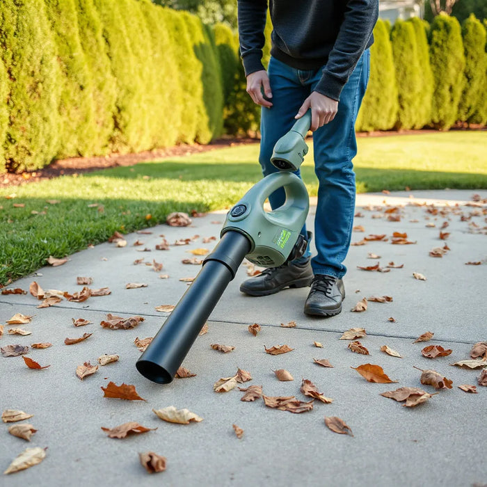 Handheld garden blower clearing dry leaves from a driveway near a trimmed garden