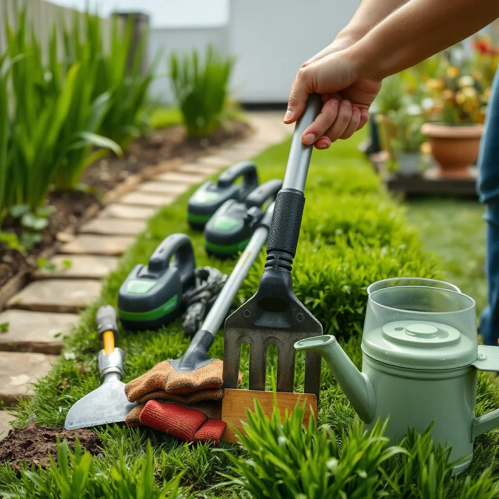 Hands adjusting user-friendly cordless garden tools beside neatly arranged watering and planting essentials