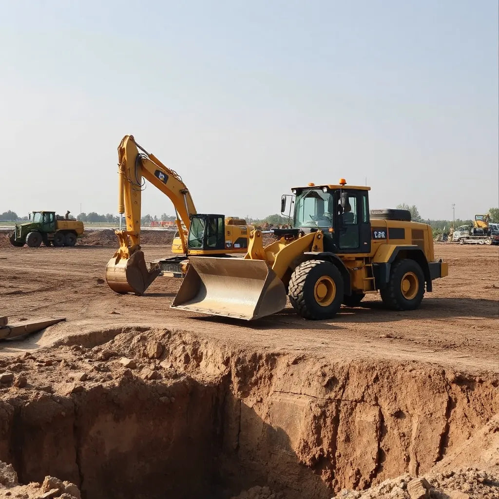 An excavator and loader working on a graded construction site with visible soil and trench edges