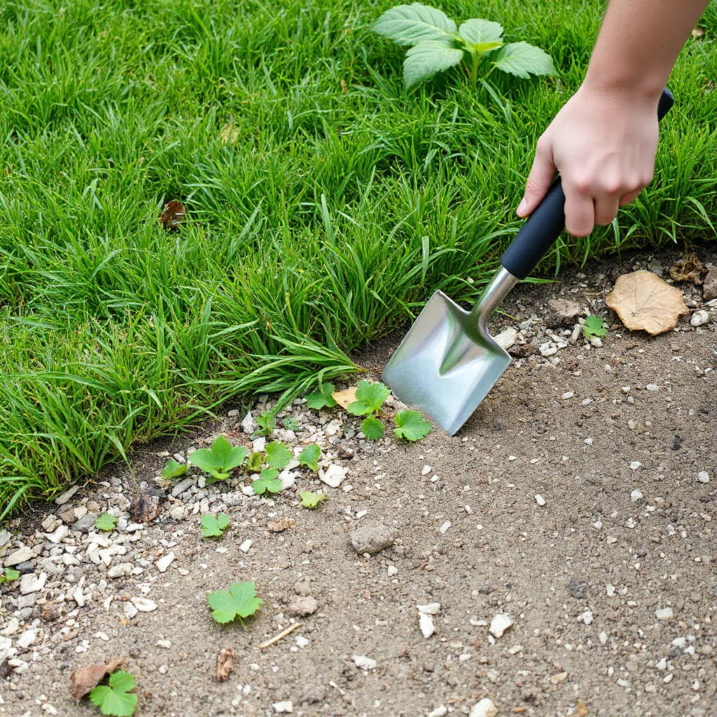 Person pulling weeds at a garden bed edge with healthy grass and trimmed border