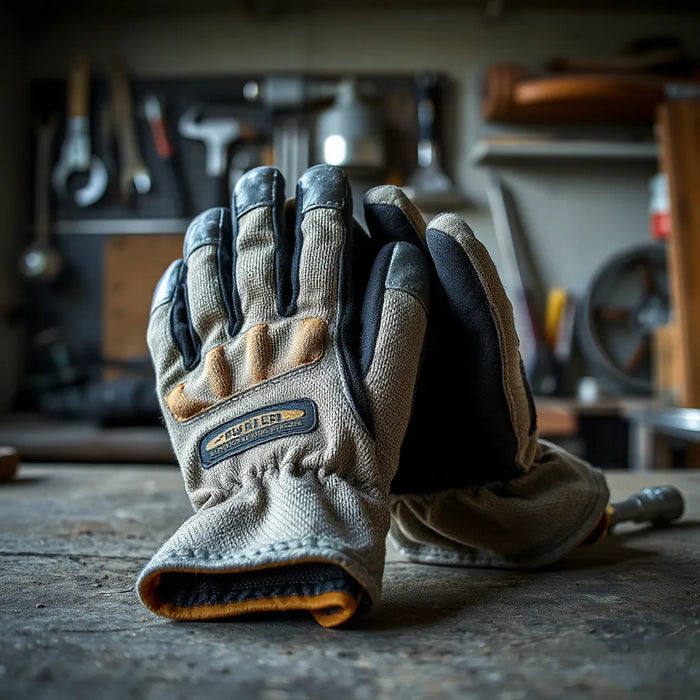 Reinforced heavy-duty work gloves with padded knuckles and textured grip on a workshop workbench