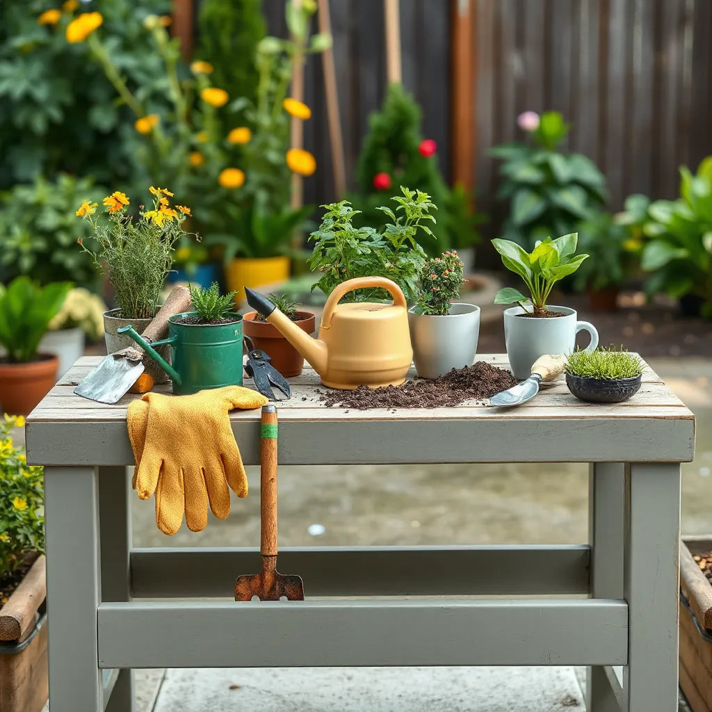 Everyday gardening tools arranged on a potting bench beside potted plants in a bright garden.