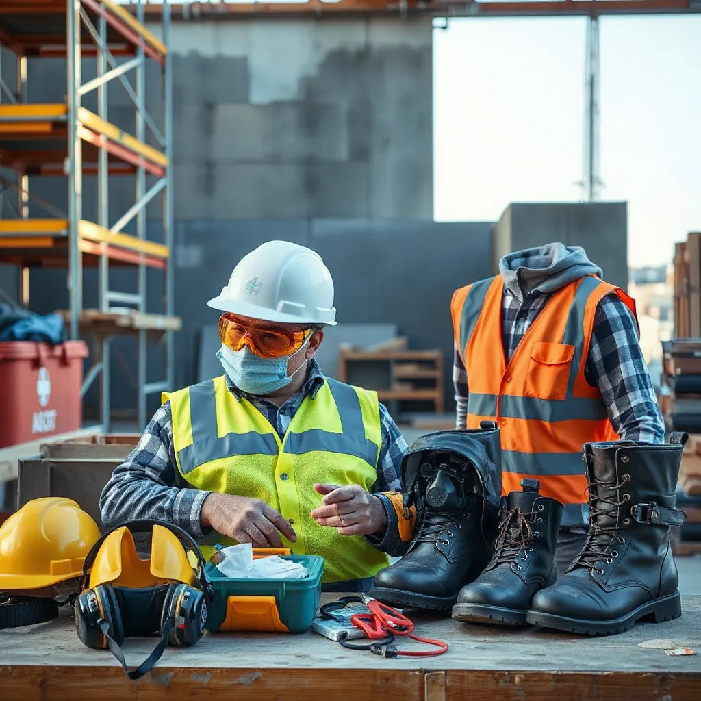 Worker wearing hard hat and high-visibility vest with construction safety gear on a nearby table