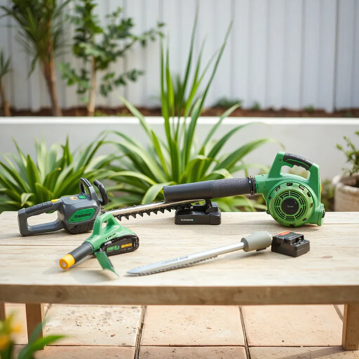 Cordless battery garden tools with charger and spare battery on a tidy patio.