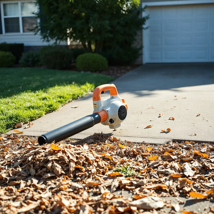 Handheld blower clearing leaves and grass clippings from a driveway and garden path