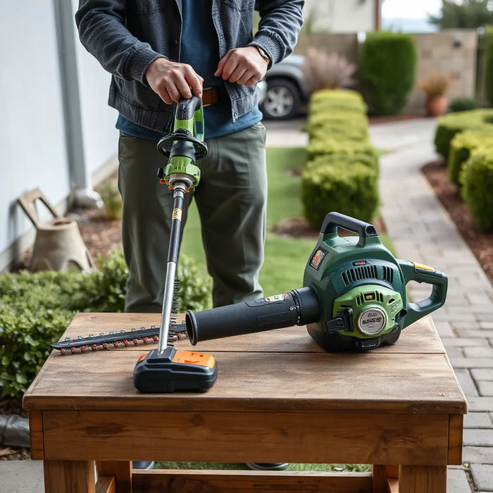 Cordless yard power tools on a workbench with a trimmed outdoor yard in the background