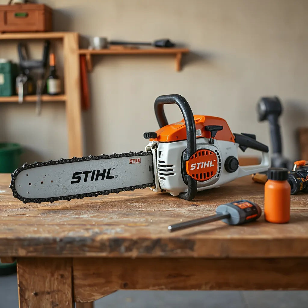 STIHL chainsaw on a workbench with bar and chain, plus bar oil and chain tension tool nearby