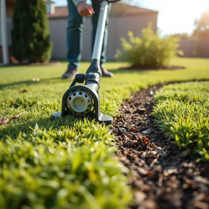 Grass trimmer cutting clean lawn edges along a garden border