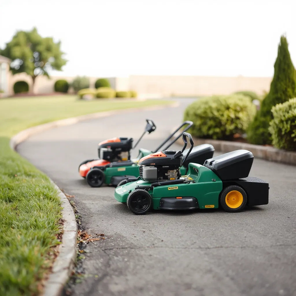 Landscaping lawn mowers parked beside a neatly trimmed lawn and garden shrubs