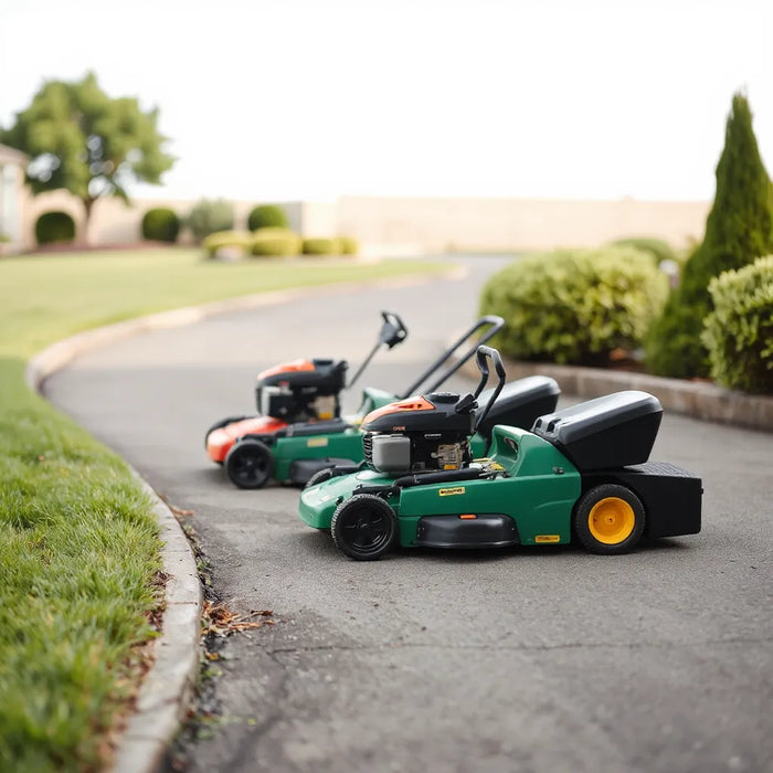 Landscaping lawn mowers parked beside a neatly trimmed lawn and garden shrubs