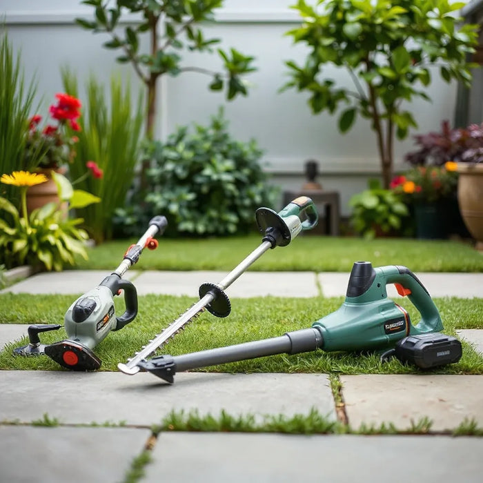 Compact cordless hedge trimmer and grass trimmer with a visible battery pack on a patio