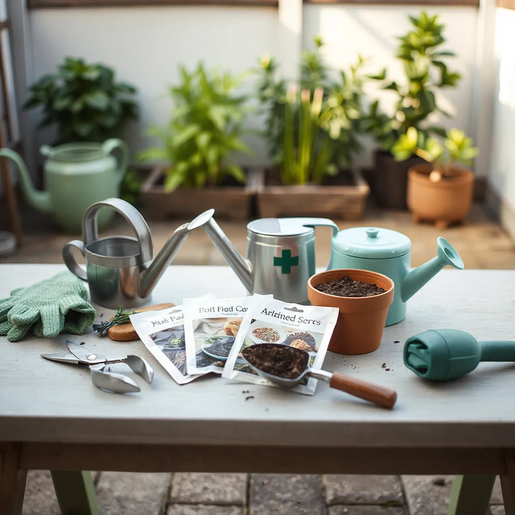 Neatly arranged gardening tools including gloves, trowel, pruners, watering can, and small potted plants