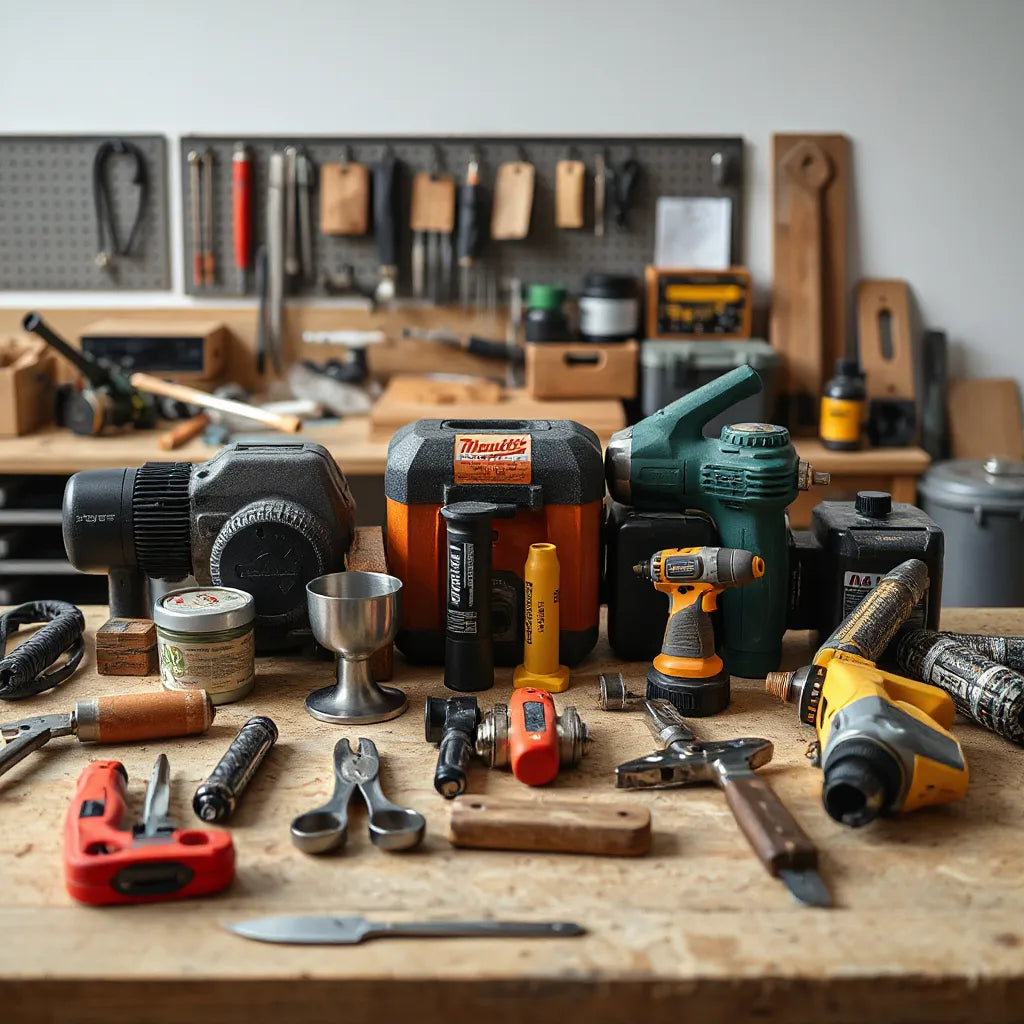 Durable professional-grade tools arranged on a workbench in a clean workshop