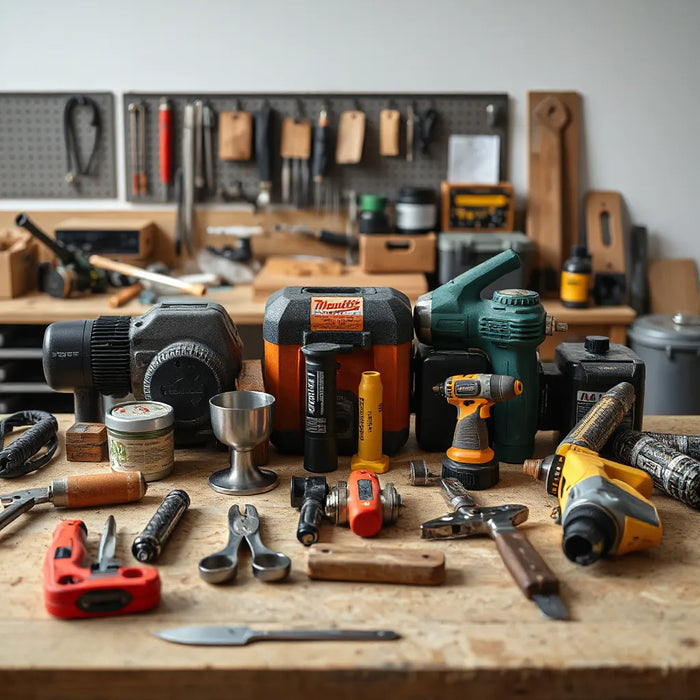 Durable professional-grade tools arranged on a workbench in a clean workshop