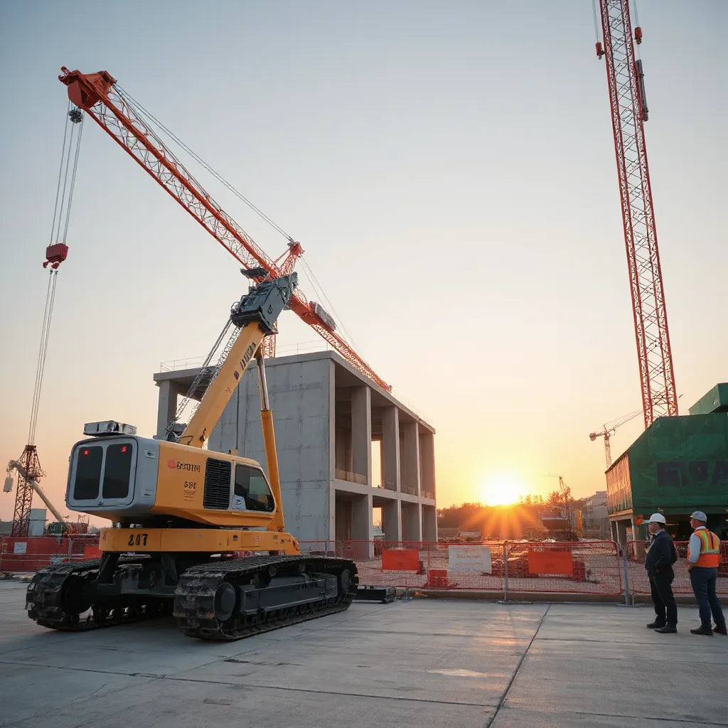 Modern construction site with robotic equipment and smart sensors supervising concrete work