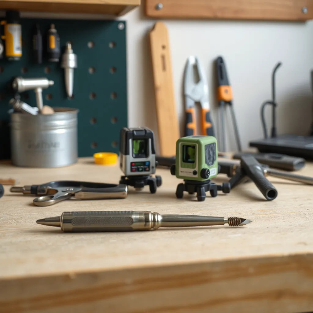 Compact precision tools arranged on a clean workbench with measuring and laser equipment