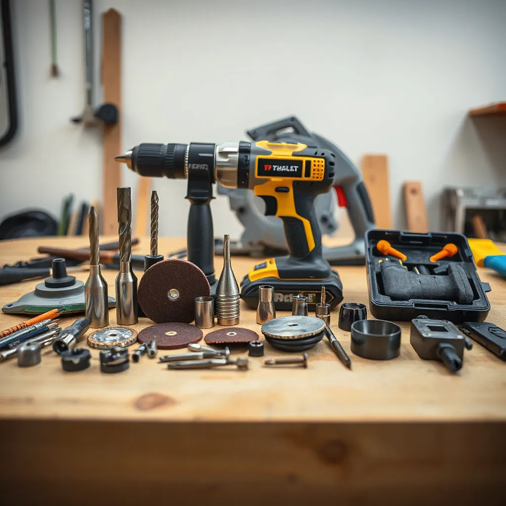 Assorted power tool accessories and bits arranged on a workbench beside cordless tools