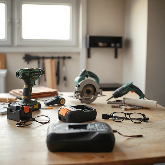 Cordless drill and other home workshop power tools on a tidy bench with safety glasses