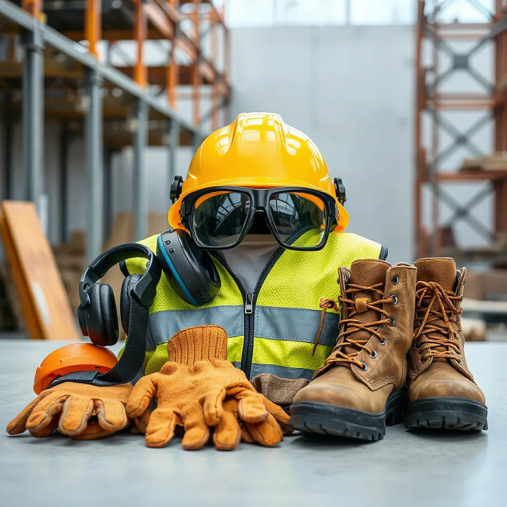 Assorted construction safety gear laid out: hard hat, eye protection, hearing protection, gloves, boots, and hi-vis vest