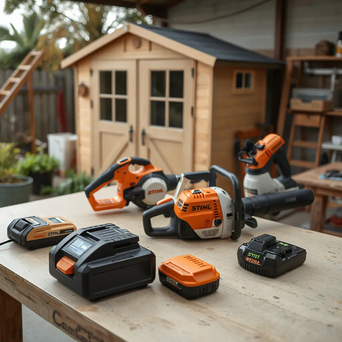 Battery pack with cordless outdoor tools and charger on a clean workbench.